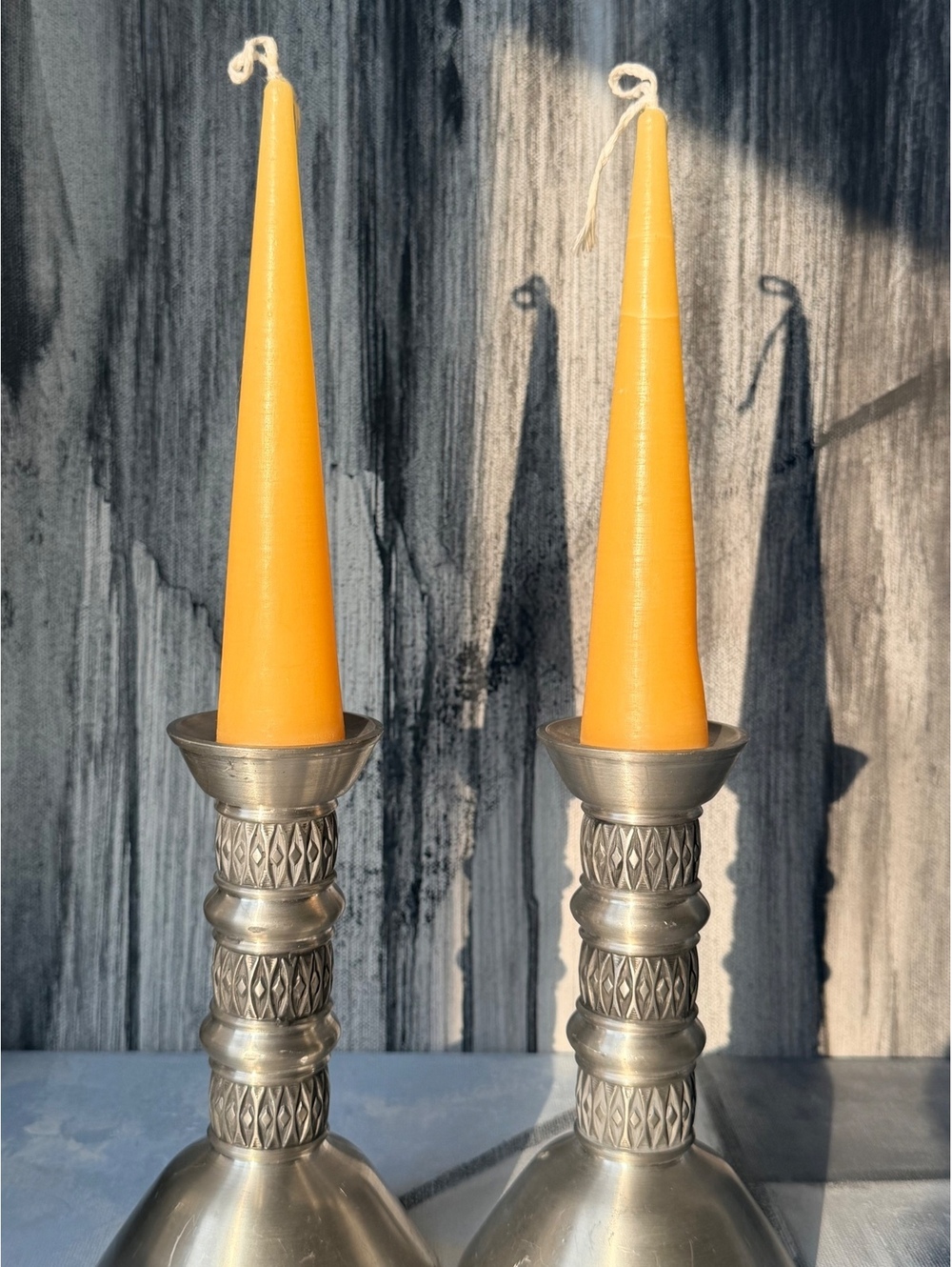 Vintage Brushed Pewter Candlestick Holders Pair Danish Modern MCM - Picture 6 of 6